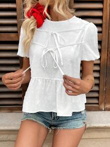 Chiquease Women's Bowknot Puff Sleeve Ruffled Hem Embroidered Blouse - White - View 6