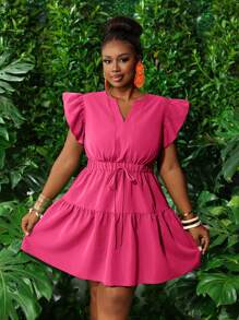 Slaydiva New Casual Resort Round Neck & V-Neck Ruffle Trim Elasticated Waist Bow Decor Multi-Layered Flare Hem A-Line Mini Dress, Green, Plus Size - M