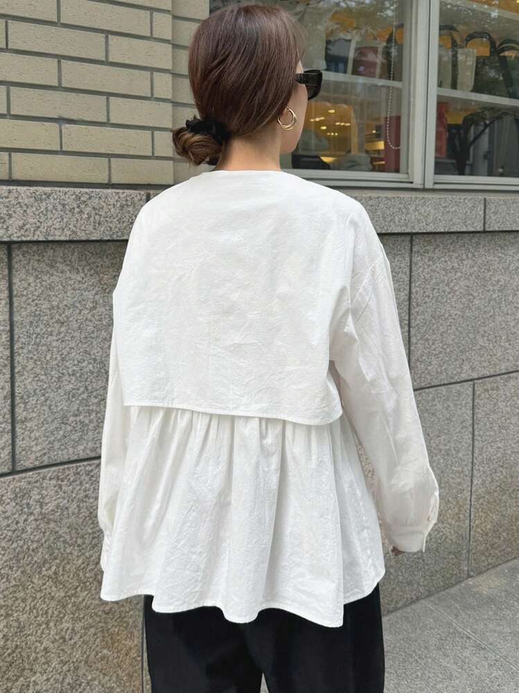 FRIFUL Blusa casual holgada de un solo pecho con cuello de volantes y hombros caídos de unicolor para mujer, otoño - Blanco - Añade 5