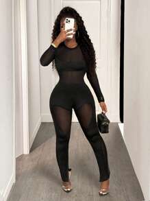BamGleam 长袖网眼拼布紧身衣，合身又性感 - 黑色 - 查看 6