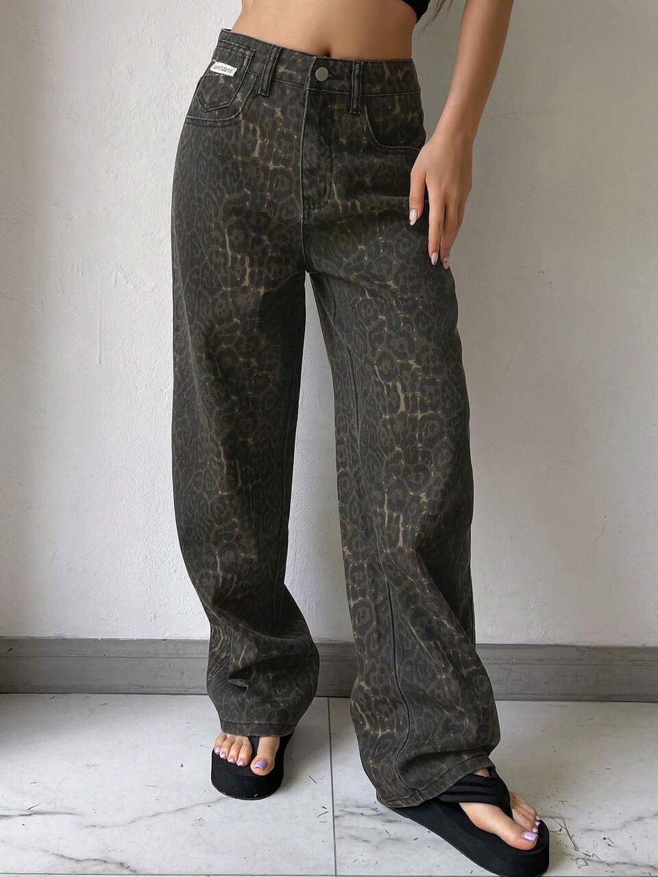 Women's Leopard Print Wide Leg Loose Casual Jeans With Pockets Y2k