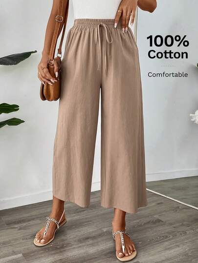 SHEIN LUNE 女士休闲亚麻混纺七分裤，卡其色，适合学校活动和工作装，秋季