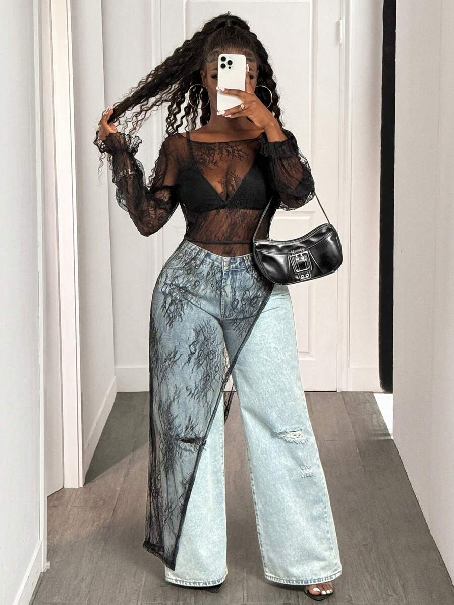 BamGleam Lace Sheer Women's Round Neck Long Sleeve Sexy Fashion Blouse Fall Cloth For Women - Black - View 1