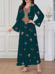 Al Najma 女士优雅定位印花阿拉伯风格长袖 V 领连衣裙，端庄的卡夫坦 - 墨綠色 - 查看 3