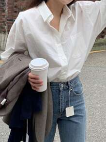 DAZY Pocket Patched Drop Shoulder Shirt,Ladies Casual Button,Pocket Long Sleeve Collar Oversized Regular White Drop Shoulder Shirt Women Blouses,Spring/Fall ,Professional/Business Attire/Workwear,Long Sleeve Tops - White - View 6