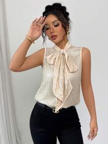 SHEIN Unity Luxury Sleeveless Sequin Sparkling Blouse With Tie Cravat Sexy Women Dress Shirt - Apricot - View 5
