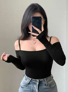 DAZY Women's Off Shoulder Slim Fit T-Shirt, Pure Black, Spring/Summer,Fall Clothes Long Sleeve Women Tops - Black - View 7