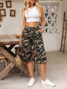 SHEIN LUNE 女士度假休闲迷彩印花工装牛仔裤 - 軍綠色 - 查看 6