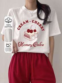 DAZY Women Summer Letter Cherry Printed Round Neck Short Sleeve Casual T-Shirt CREAMCHERRY Honey Cake Cute Tops,Graphic Tees