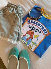 DAZY 女士夏季卡通人物印花宽松休闲T恤圆领落肩袖图案T恤超大码T恤