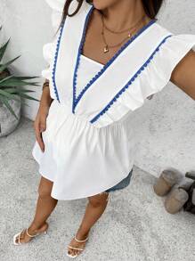 SHEIN Maternity V-Neck Patchwork Ruffle Trim Fashion Blouse - White - View 3