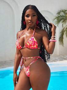 Slaydiva 女士大理石印花吊带系带性感比基尼两件套泳衣套装，夏季海滩 - 彩色 - 查看 5