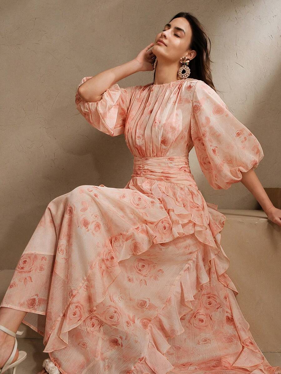 Anewsta Elegant Ruffle Cinched Waist A-Line Pink Floral Print Lantern Sleeve Satin Chiffon Dress For Women, Spring/Easter