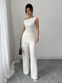 Elenzga Set de 2 piezas de top y pantalones casuales de mujer de unicolor y cuello asimétrico