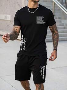 Manfinity Homme Casual Fitted Los Angeles Letter Print Men's 2 Pieces Set - Black - View 1