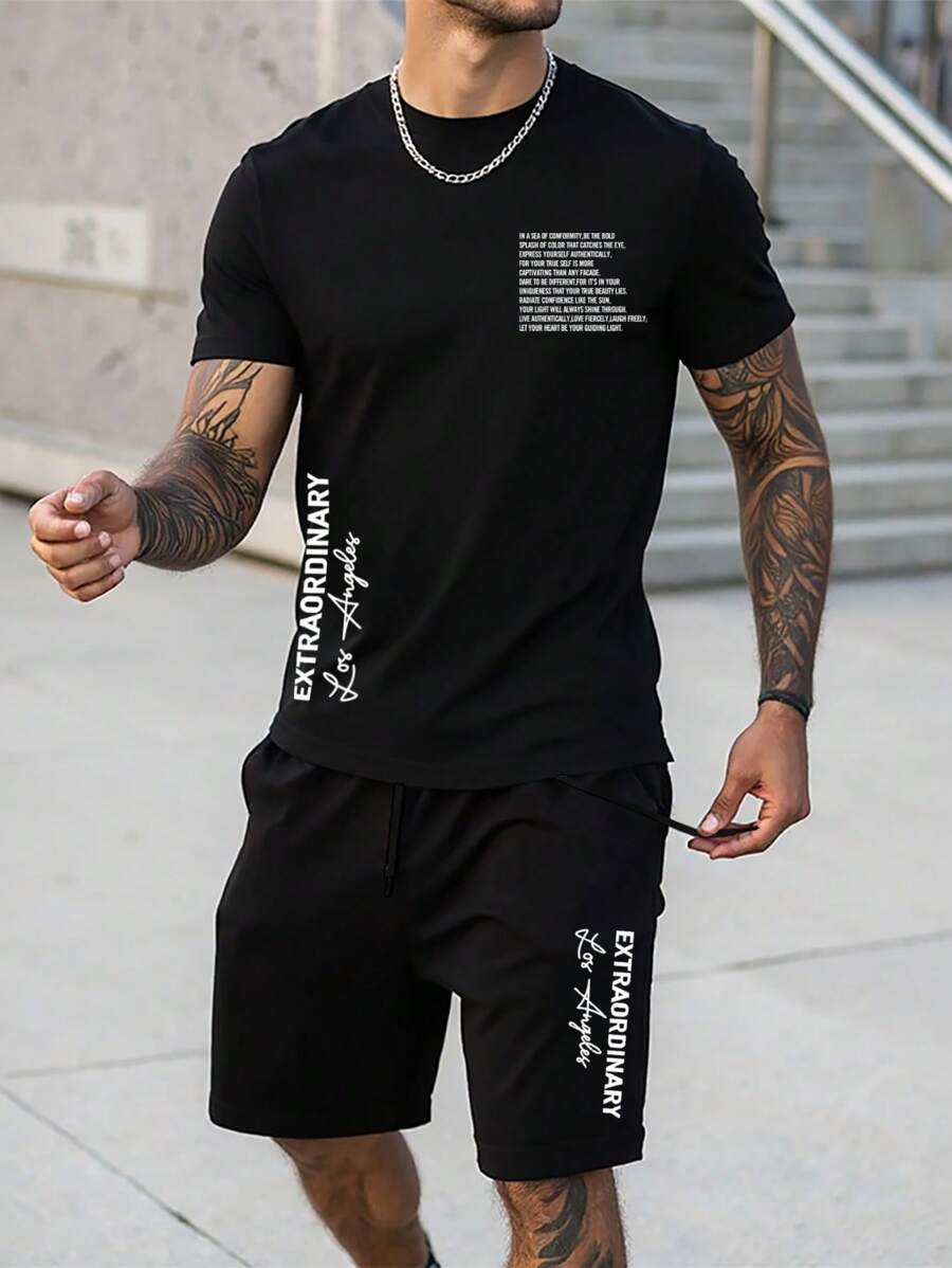 Manfinity Homme Casual Fitted Los Angeles Letter Print Men's 2 Pieces Set - Black - View 1