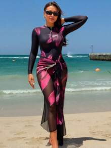 Swim Oasis 2pcs/Set Spring Break Floral Print Summer Beach Vacation Wear Rashguard, Summer Beach Vacation Party & Holiday Professional Swimsuit For Women