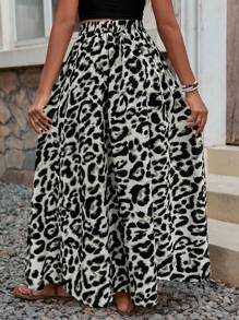 Calvaya Falda larga de vacaciones con abertura lateral y estampado de leopardo de cintura alta para mujer