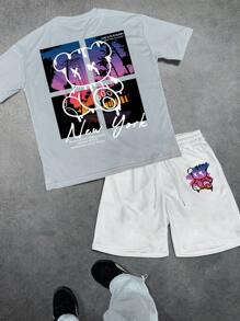 Manfinity EMRG Set de 2 piezas con camiseta de manga corta de cuello redondo con impresión de oso y letra, y shorts de unicolor para hombres - Gris Claro - Ver 1