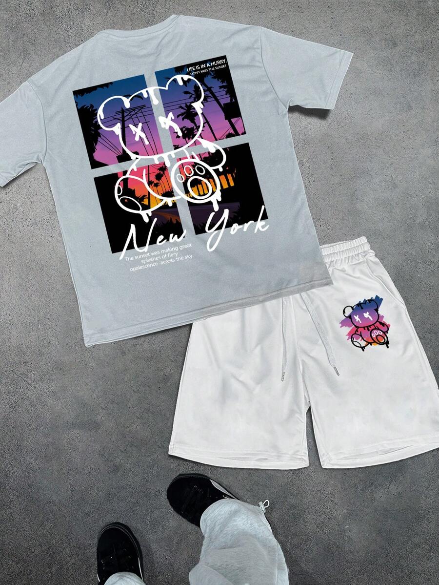 Manfinity EMRG Set de 2 piezas con camiseta de manga corta de cuello redondo con impresión de oso y letra, y shorts de unicolor para hombres - Gris Claro - Ver 1