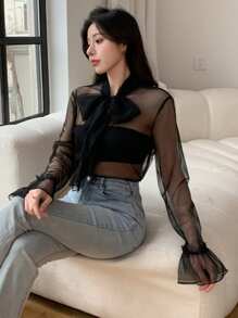 DAZY Women's Sheer Mesh Blouse With Front Tie-Up Going Out Tops,Ruffle Long Sleeve Top - Black - View 5