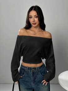 SHEIN EZwear Women's Off Shoulder Solid Color Long Sleeve Crop Top