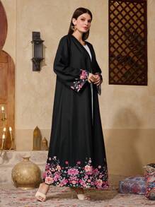 Al Najma Elegant Black 3D Floral Abaya For Women, Conservative Style, Modest Robe