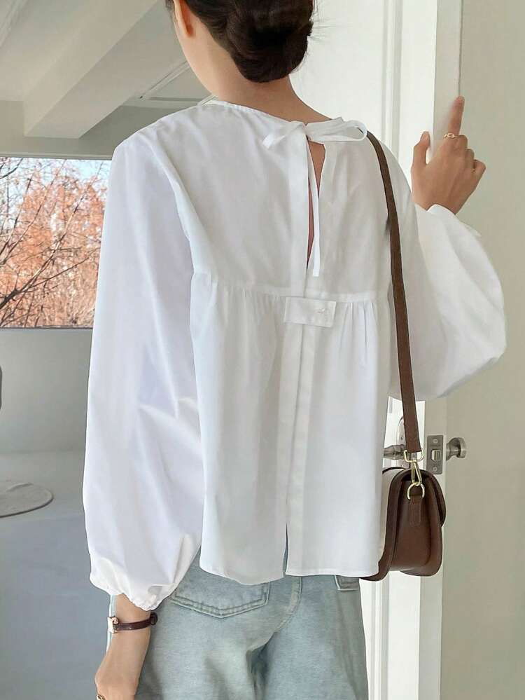 Solid Lantern Sleeve Keyhole Back Blouse,Ruffle,Fall Clothes Long Sleeve Top