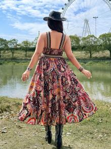 Sunnyshic Plus Size V-Neck Elastic Waist Festival, Boho, Hippie, Cowgirl Style, Old Money Print Chinese Style Fit And Flare Dress, Elegant Loose Cut For Holiday, Date, Party