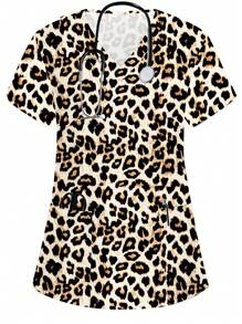 PopScrub Áo đồng phục phẫu thuật tay ngắn cổ chữ V họa tiết da báo - Nhiều màu - Xem 4