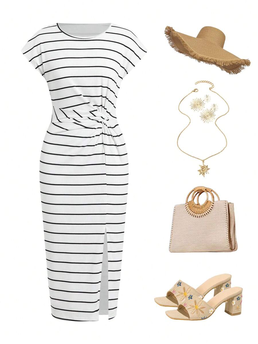 Gownix Women Black And White Striped Dress,Summer Casual Vacation Holiday Sundress,Loose Mid-Length Beach Outfits,Boho Country Concert Outfit,Easter Dress - Black and White - View 1