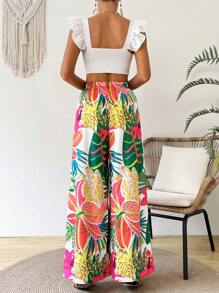 SHEIN VCAY Women's Elastic Waist Tropical Plant Printed Loose Casual Wide-Leg Pants, Suitable For Vacation - White - View 2
