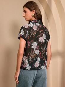 Chiquease 女士优雅花卉印花短袖上衣 - 黑色 - 查看 2