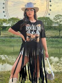Flirla Festiwal, Boho, Hippie, Cowgirl, Old Money Style Damska letnia nowa jednokolorowa nadrukowana okrągły dekolt frędzlami na dole krótki rękaw luźna koszulka