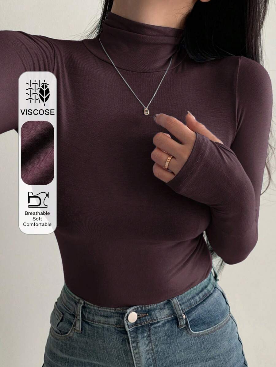 DAZY Turtleneck Long Sleeve Autumn/Winter Slim Fit Base Layer Top, Minimalist Essential Undershirt For Women - Coffee Brown - View 1