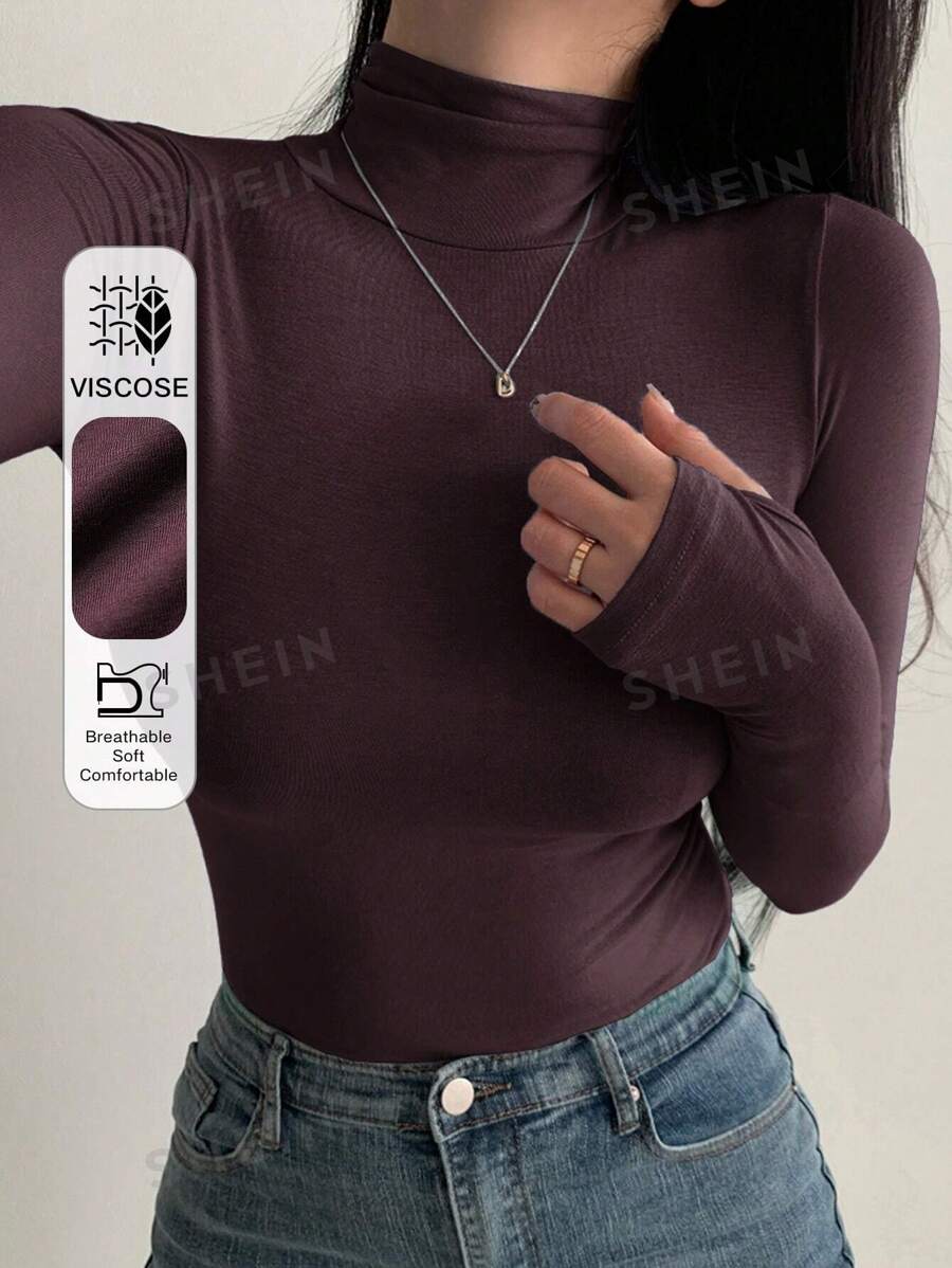DAZY Top cu guler înalt, mânecă lungă, toamnă/iarnă, croială slim fit, strat de bază, maieu minimalist esențial pentru femei - cafea maro - Vizualizare 1