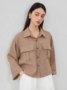 Dazy-Less Women's Loose Casual Business Style Short Sleeve Shirt Old Money Style Linen Preppy Tops - Camel - View 4