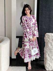 DAZY Rochie tip cămașă cu imprimeu lejer și mânecă trei sferturi, cu volane, rochie de toamnă, rochie maxi cu mânecă lungă - Violet - Vizualizare 5
