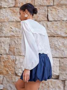 Maija Women's White Embroidered & Laser Cut Collared Top With Ruffle Sleeve Cuffs & Hem, Tie Front, Fashion Casual Beach Vacation Bohemian Style Blouse