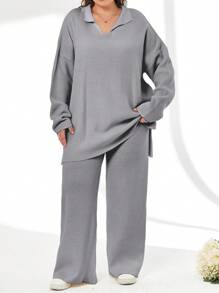 EURMUSE 2pcs/Set Solid Color Turn-Down Collar Sweater And Long Pants Outfit - Light Grey - View 5