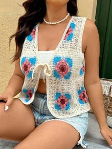 SHEIN VCAY Plus Size Contrast Color Hollow Knitted Top, Casual & Vacation - Multicolor - View 3