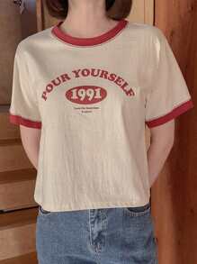 DAZY Áo thun nữ cổ tròn tay ngắn in chữ mùa hè, áo thun họa tiết học sinh - Màu be - Xem 6