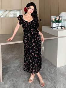 DAZY Đầm nữ mùa hè họa tiết hoa nhí, cổ tim, thắt eo. - màu đen - Xem 6