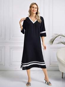 Miaspire Women's Striped V-Neck 3/4 Sleeve Casual Long Dress