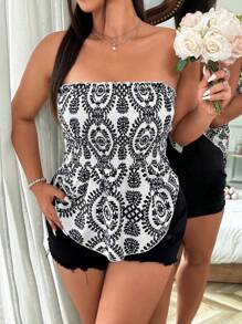 Sunnyshic Plus Size Floral Print Ruffle Hem Cropped Top For Resort Wear