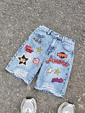 SHEIN Tween Boy Fashion Casual Y2k Cut Out Ripped Frayed And Cute Mash-Up Car Letters Colorful Chapter Design Blue Denim Loose Straight Leg Denim Shorts For Kids Clothes Boys Costume Dailywear And Kids Summer And Spring Clothes