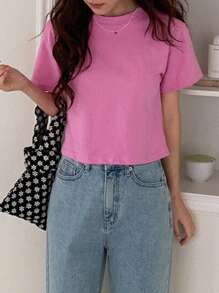 DAZY 女式圆领短袖T恤夏季，图案T恤 - 粉色 - 查看 3