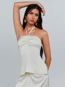 Athîral Camiseta de mujer de unicolor con cuello halter plisado versátil y de moda - Champán - Ver 6