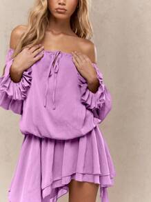 MISSGUIDED 露肩荷叶边下摆波西米亚风夏季迷你连衣裙，长袖巴多节飘逸设计连衣裙，适合春季假期穿着 - 紫丁香色 - 查看 3