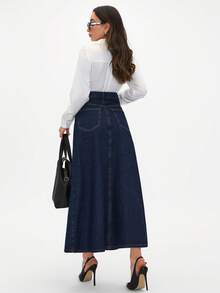 EURMUSE Elegant Academic-Style Vintage Denim Pocket A-Line Maxi Skirt For Women - Dark Wash - View 2